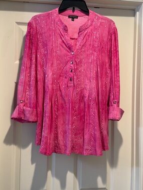 NWOT Hot Pink Embellished Button-Front Babydoll Top Metallic Stitching Feminine